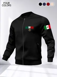Men's Sport Jacket Coat, Athletic Jackets, Baseball Neck Zip Pocket Design, Mexican Letter Print, Comfortable Lightweight Fabric, Suitable for Sports & Outdoor Activities