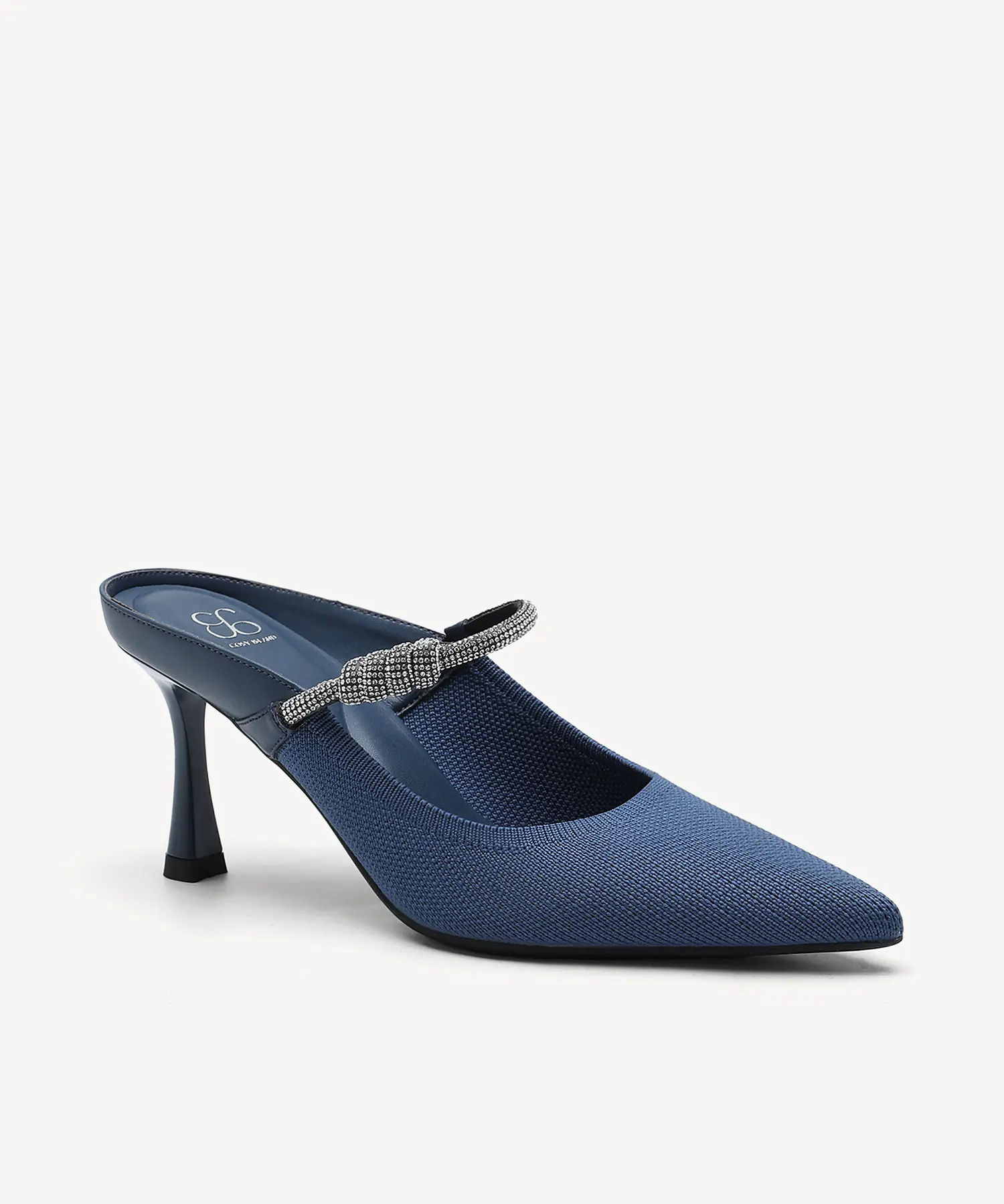 Cosy Island Fly Woven Rhinestone Knot Pointed Toe Slip On Mule Heels 7cm Spool Flare Dress Shoes,back to school,back to school haul