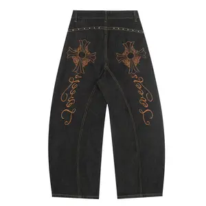 Inflation Gothic Men's Baggy Denim Jeans - Cross Script Embroidery, Scimitar Design, High-Street Deconstructed Wide-Leg Trouser, Fashion Stylish All-Season Casual Streetwear Menswear Father's Day Gift