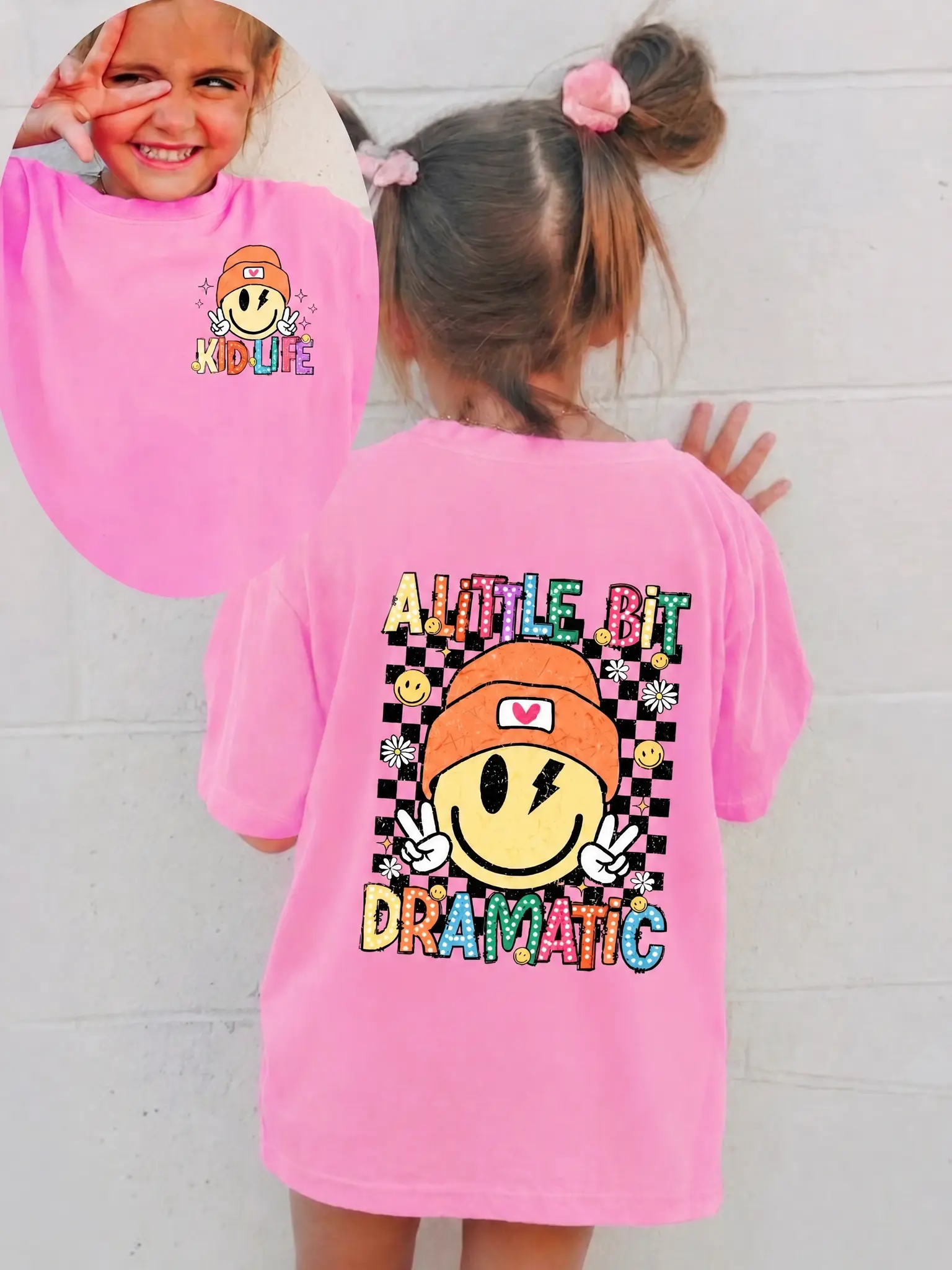 "A Little Bit Dramatic" Kids T-Shirt Smiley Face Checkerboard Graphic Short Sleeve Cotton Tee for Girls Boys