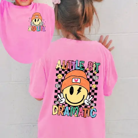 PUEMCO Kids' Crew Neck "A Little Bit Dramatic" Graphic T-Shirt - 100 Cotton Clothing, Checkered Tee, Smiley Face, Short Sleeve, Cute Cotton Tee, 5-6y Unisex Top, Kids Clothing Girls