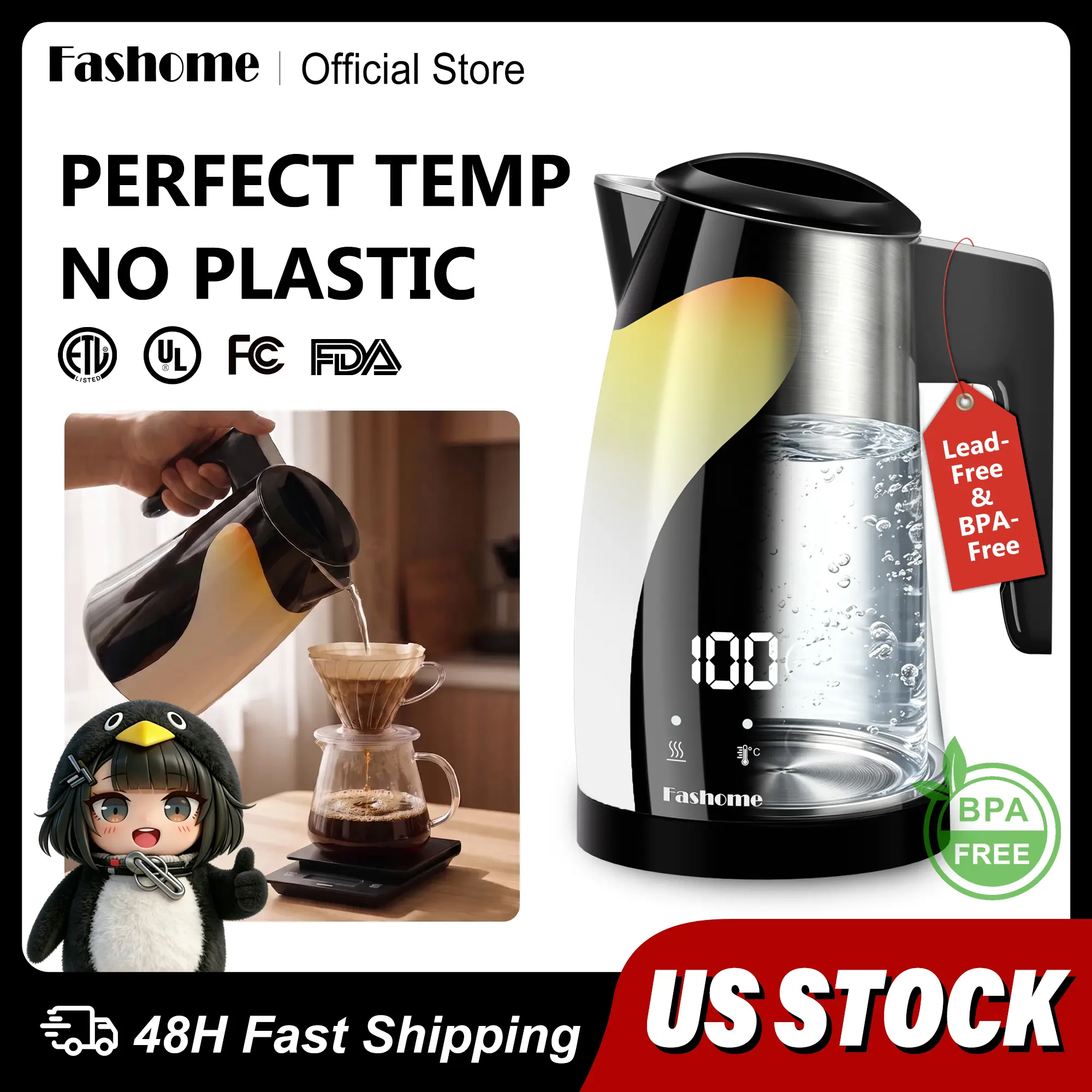 Fashome Electric Kettle, No Plastic Contact 304 Stainless Steel Interior, 5 Temperature Control 2H Keep Warm Digital Display, 1200W Fast Boil Cool Touch Auto Shut-Off, Original Penguin-Shaped Design, Suitable for Tea Coffee sohochic