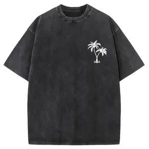 "Coconut Tree LOGO" Creative Pattern Printing Heavy 230g Pure Cotton Oversized Drop Shoulder T-shirt Washed T-shirt Men's Retro Street T-shirt Basic T-shirt Loose Hip-hop Unisex Top Acid Wash T-shirt