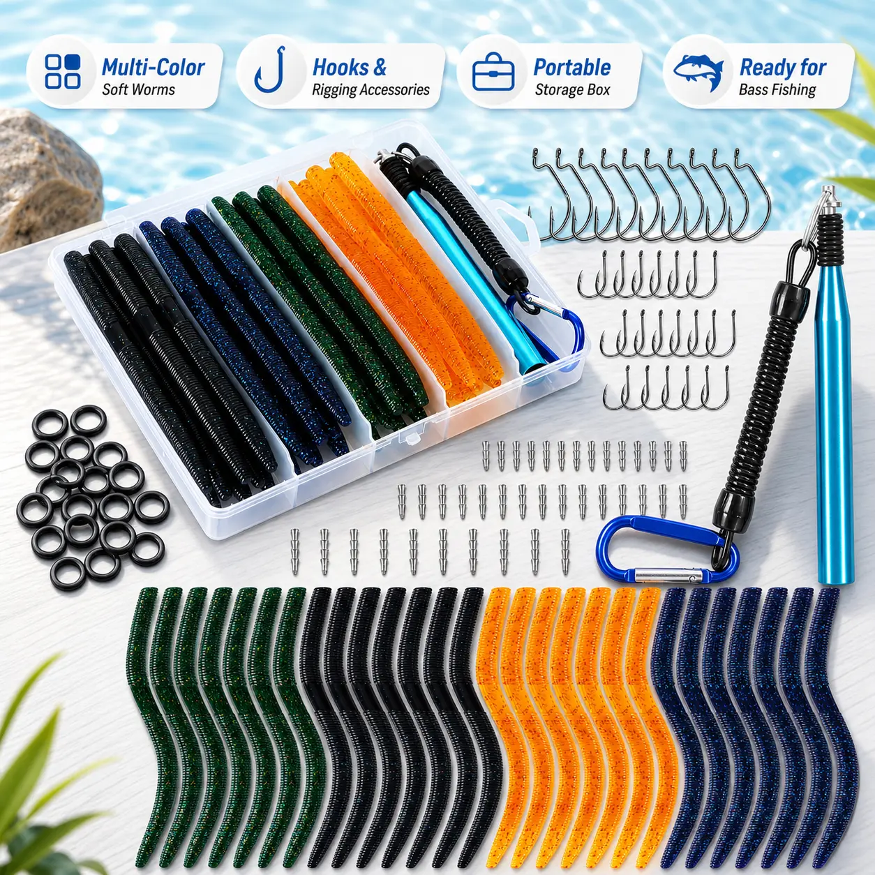 133pcs Senko Style Wacky Rig Fishing Kit for Bass, Soft Plastic Stick Worm Lure Set with Wacky Rig Tool, O-Rings, Weighted Hooks, Crank Hooks & Tackle Box, Gift for Anglers