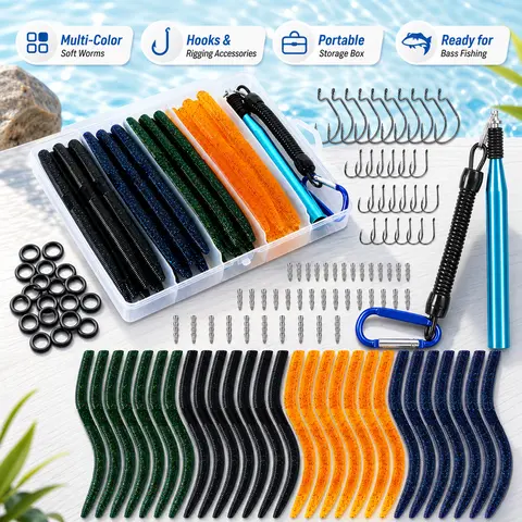 BEASTENERGY 133pcs Senko Style Wacky Rig Fishing Combo - Soft Plastic Stick Worms, Rig Tool, O-Rings, Weighted/Crank Hooks, Tackle Box, Accessories - Great for Largemouth Bass - Gift for Anglers, Boyfriends, Dads - Outdoor Fishing Equipment for Adults,too