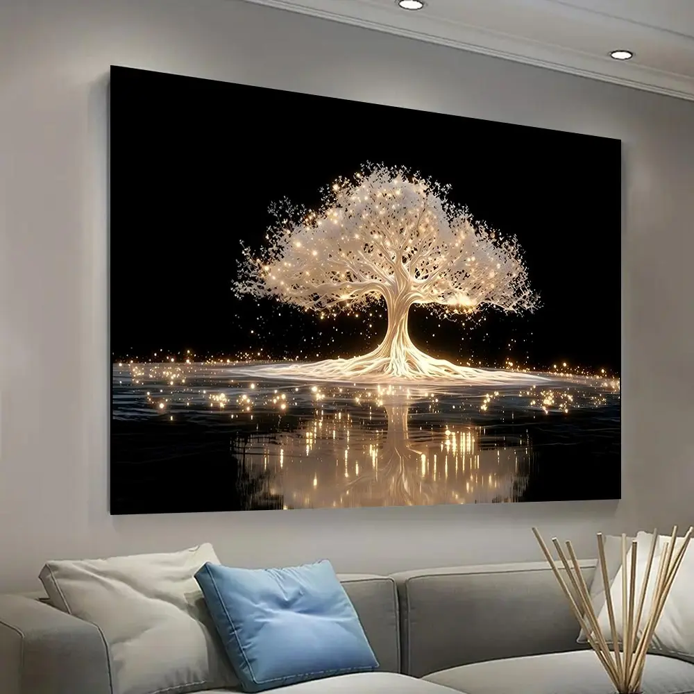 Wooden Framed Modern Abstract Tree of Life canvas Painting - Minimalist wall, Golden luminous tree design, suitable for living room, bedroom, corridor - Easy to hang Wrapped in canvas