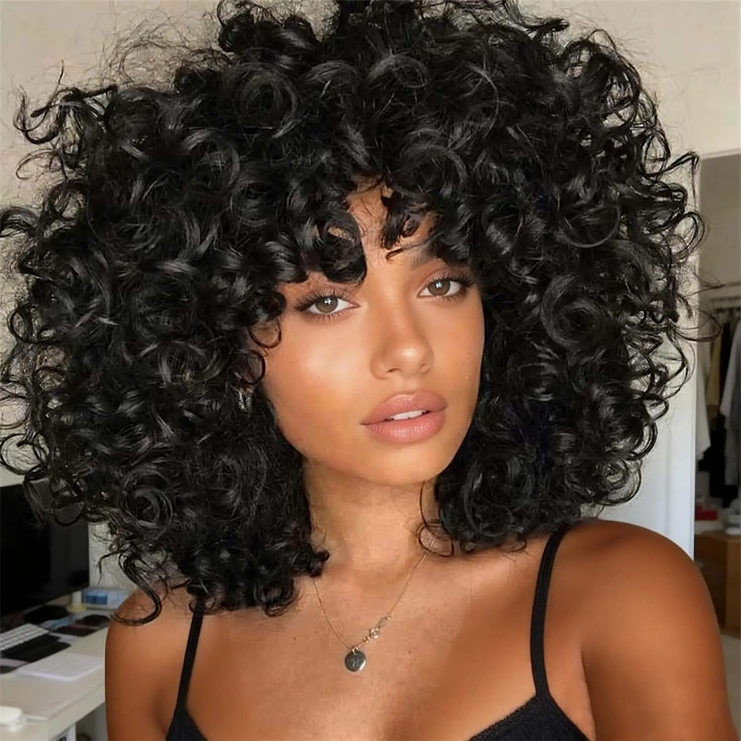 GKtineke Summer Short Curly Wig with Bangs for Women, 14 Inch Natural Black Afro Culy Wigs, Big Fluffy Bouncy Synthetic Wig for Daily and Party, 14 inch Glueless Wig