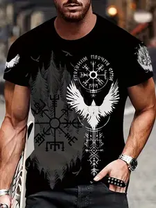 Men's Viking T-Shirt with 3D Digital Graphic Print, Nordic Style, Fitted Summer Casual Fashion, Breathable Round Neck Short Sleeve
