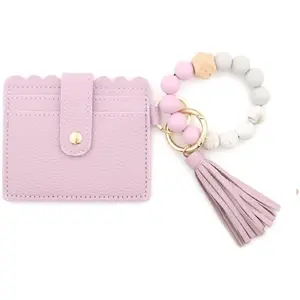Women's Wristlet Keychain Wallet – Tassel Silicone Bead Bracelet with Credit Card Holder, Multifunctional Key Ring Purse for Keys, Cards, Cash