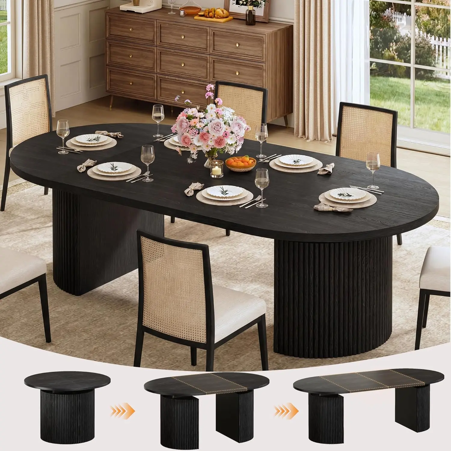 Extendable Round Dining Table for 4-8, 39in-77in Long Large Kitchen Table with Fluted Base, Space Saving Modern Farmhouse Oval Dinner Tables for Dining Room, Kitchen, Living Room, Black