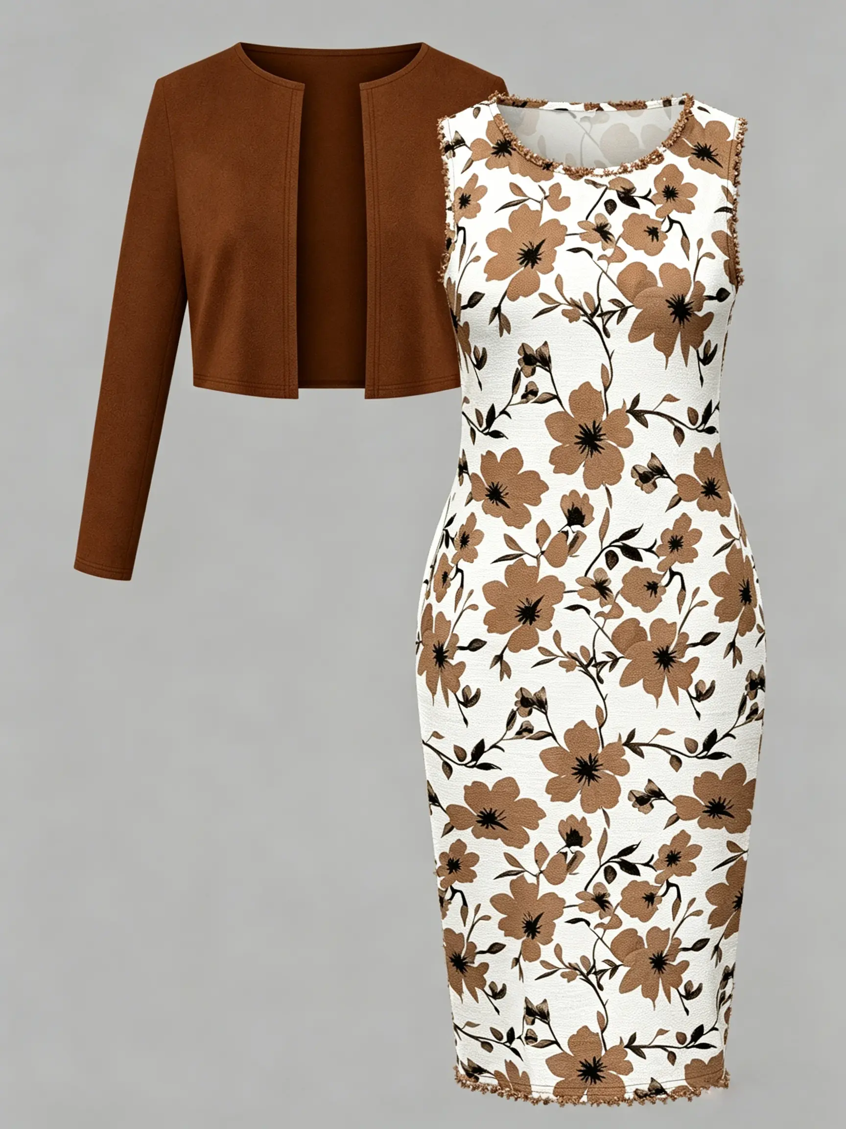 Two-piece set: brown cropped cardigan jacket + vintage floral sleeveless bodycon dress — elegant women’s outfit combination