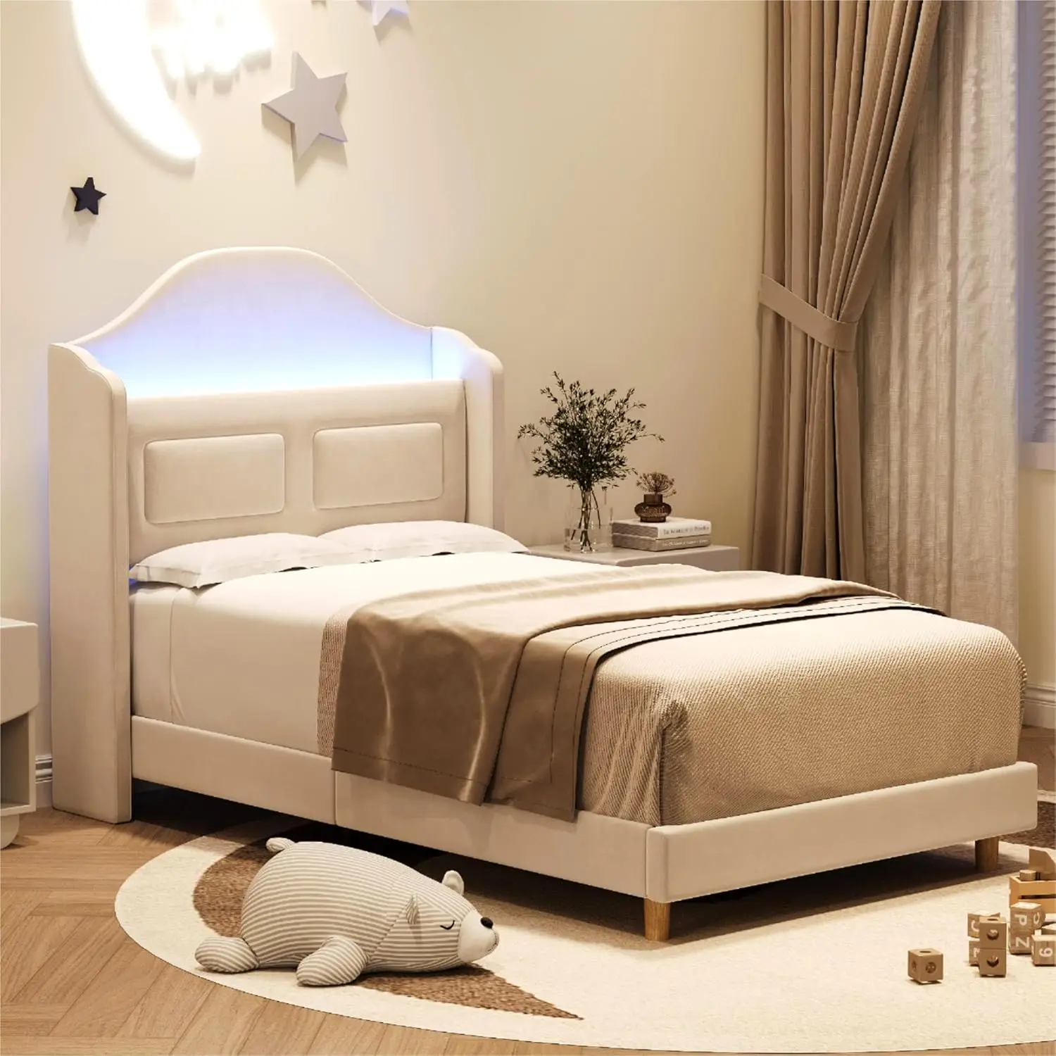 Beige Modern Twin Velvet Upholstered Storage Bed Frame - Wingback Storage Headboard, LED Light, Durable Wood Slats Support, No Box Spring Needed, Easy Assembly, Low Profile, Minimalist Design