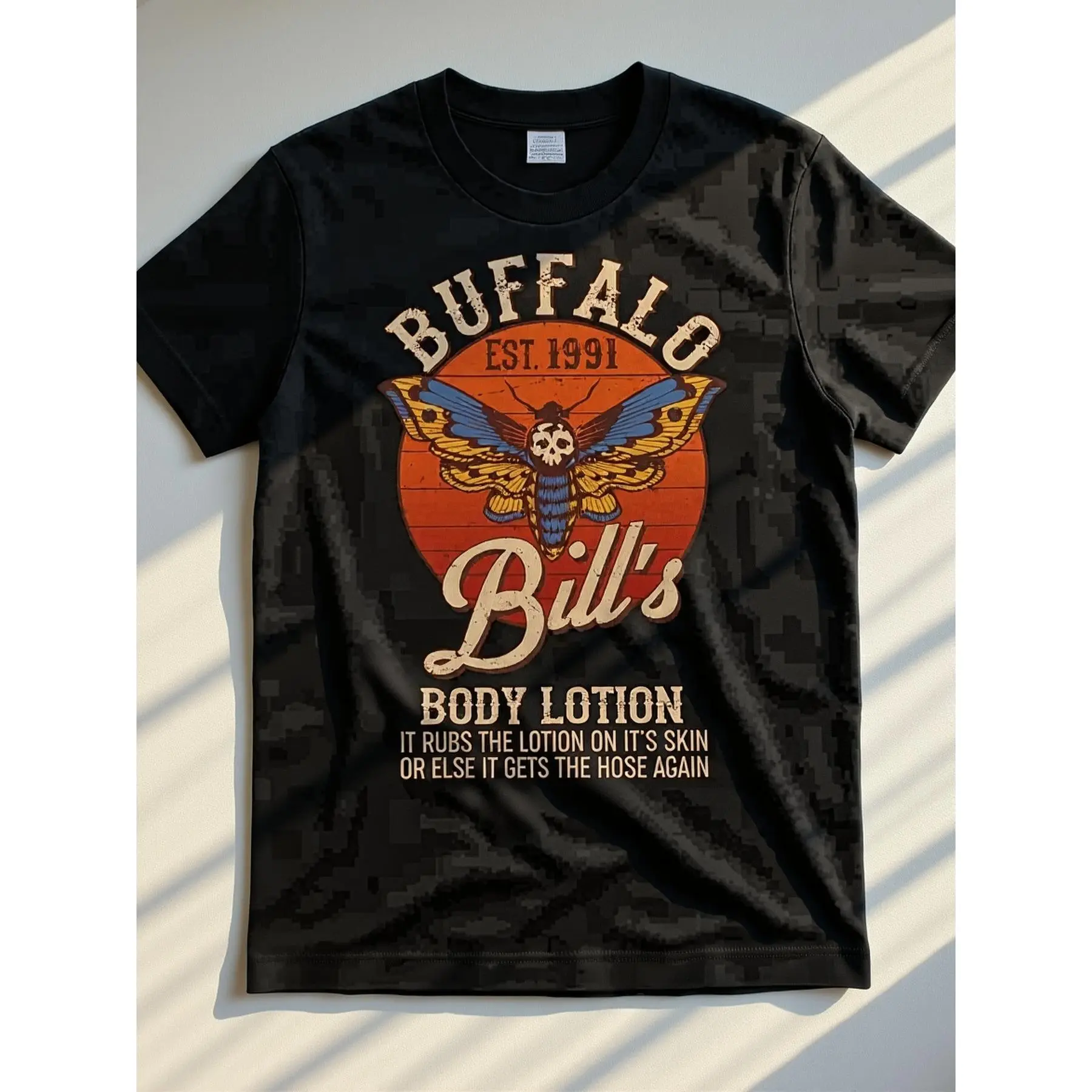 Menswear Short-Sleeve Casual T-Shirt, Buffalo Body Lotion Graphic Retro Horror Movie Iconic Print Cotton Top, Unisex Comfortable Fit, Suitable for Halloween Parties & Daily Wear, Retro Movie Fan Gift