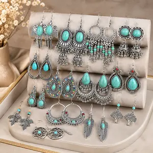 15 Pairs Vintage Silver Tone Turquoise Dangle Earrings Set Boho Ethnic Statement Jewelry  Accessories for Women Valentines&birthday Boujee Gifts for gf Mother's Day gift