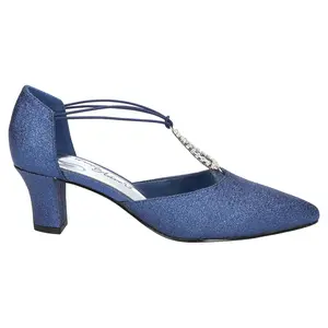 Easy Street Womens Moonlight Metallic Rhinestone T Strap Pointed Toe Pumps Dress Casual Mid Heel 2-3" - Blue