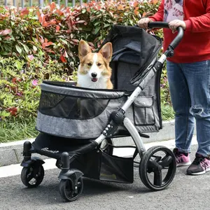 Travel Pet Stroller with Adjustable Handlebar, Solid Aluminum Frame, 600D Oxford Cloth, PVC Wheels, Storage Bag, Mesh Window, Safety Leash, Easy Entry, Smooth Rolling, Foldable Design, Suitable for Pets up to 55lbs