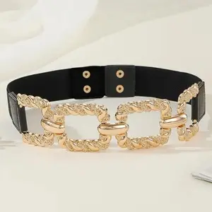 Women's Chain Decor Buttoned Waist Belt Fashion Elastic Stretch Dress Belt Waistband Styling Cross Belt