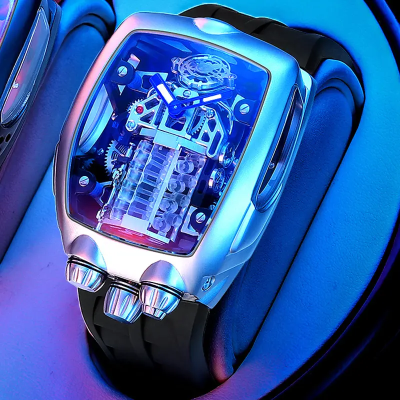 Racing Style Tonneau Skeleton Chronograph Mens Mechanical Watch