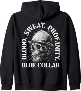 Women's Blood Sweat Profanity Construction Worker Skull Zip Hoodie - Classic Traditional Blue Collar Cotton Unisex Top, Soft Fabric Sweatshirt