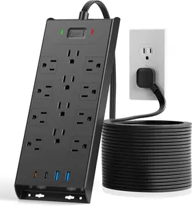LeZone Surge Protector Power Strip 4800J 10Ft Long Extension Cord 12 Outlets 2 USB-C 2 USB Ports Wall Mountable 20W Desk Charging Station Black
