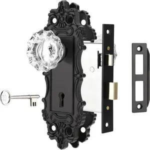 Glass Door Knobs, Mortise Lock Set with Skeleton Key for Interior Door, Antique Door Handle Lock Replacement, Matte Black Finish
