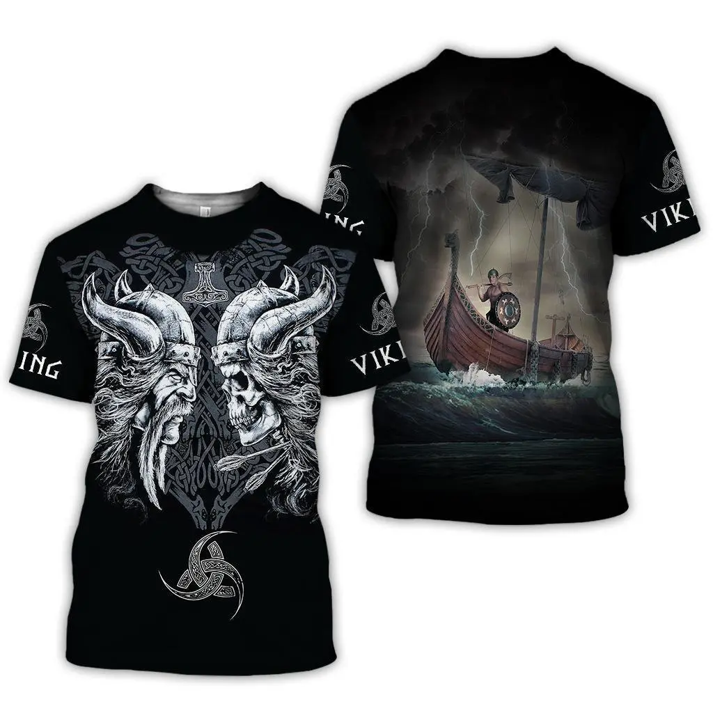 Men's Retro Biker T-Shirt with Double-Sided Viking 3D Print, Casual Loose Fit Round Neck Short-Sleeve Top, Tshirt
