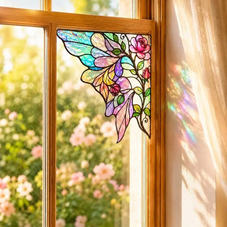 Stained glass window corners, rose glass sun catchers, stained butterfly wing window decorations, plant glass ornaments