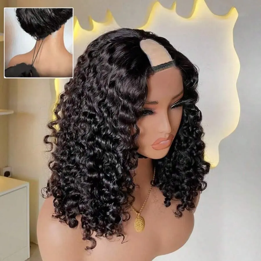 Bling Hair 12-32 Inch Deep Wave V Part Wig Human Hair For Black Women With Drawstring 180% Density Upgrade Glueless Wig No Leave Out No Sew In Kinky Curly  Human Hair Wigs  No Leave Out Easy Wear Wig Natural Black Color