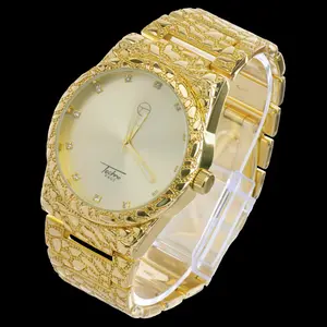 Men Wristwatch Iced Luxury Hip Hop Golden Nugget Bling Blue Dial Wrist Metal Shiny Fashion Watch