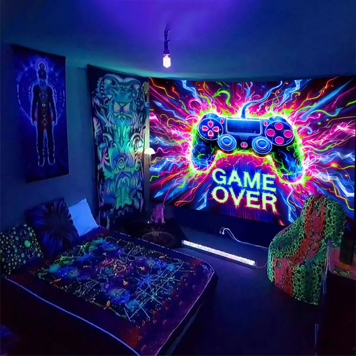 Game Controller Pattern Tapestry, 1 Count UV Reactive Tapestry, Decorative Tapestry, Wall Hanging, Decoration, Decoration Items, Wall Tapestries, Tapestry Room Decor for Game Room, E-sports Room, E-sports Club, Tapestry Wall Mural