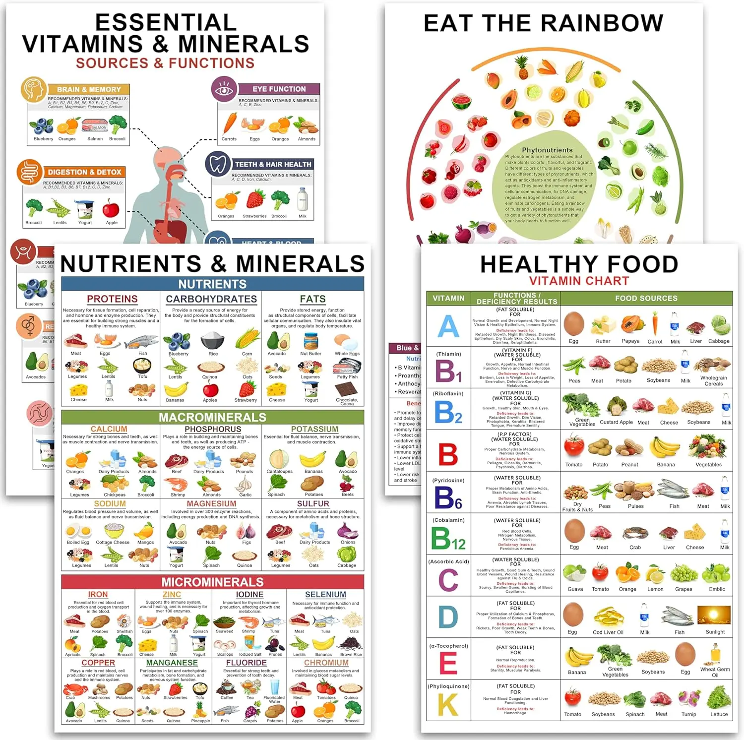 Set 4 Vitamin And Mineral Chart 11"X17" - Healthy Food Chart, Rich Nutrition Poster, Food Protein Chart, Vitamin Chart Laminated, Nutrient Chart