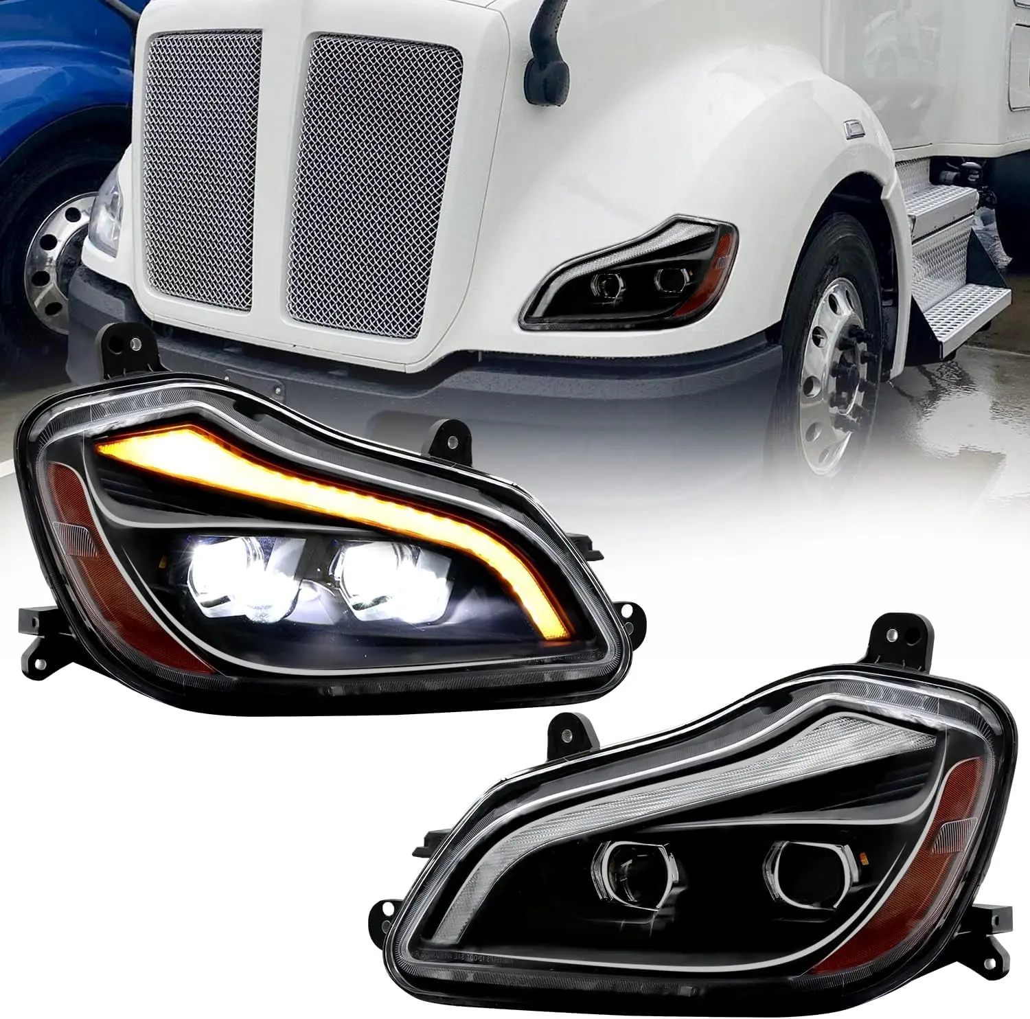 LED Headlight Assembly Pair for 2013-2021 Kenworth T680, Black Projector Design, Sequential Turn Signal, DRL, Waterproof OE Direct Replacement Automotive LED Headlamp