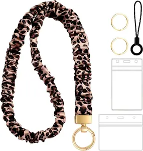 Scrunchie Lanyard for ID Badges   Lanyard with Two Card Holders Stretchy Teachers Lanyards Retractable  Lanyards Cute  Strap for  Women (Leopard Print)