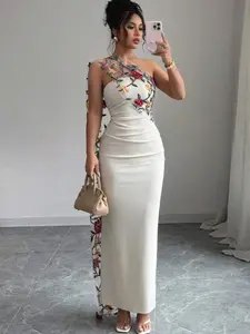 Women elegant embroidered mesh dress party evening formal wedding autumn winter fashion