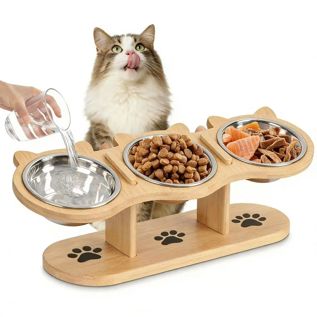 Stainless Steel Cat Food & Water Bowls Set (3 Bowls, 3 Stands) - Vertical Multi-Level Adjustable Height, 15-Degree Neck Protection Tilt, Easy-Assemble Portable Water Dispenser, Keeps Cats Hydrated and Fed