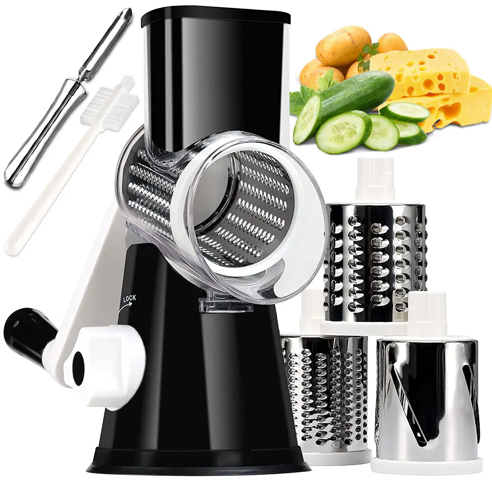 summerwins Rotary Hand Cheese Grater - Kitchen Utensil with Safe Handle, 3 Stainless Steel Blades, Tilted Base for Shredding Cheese, Potatoes, Zucchini and Cooking