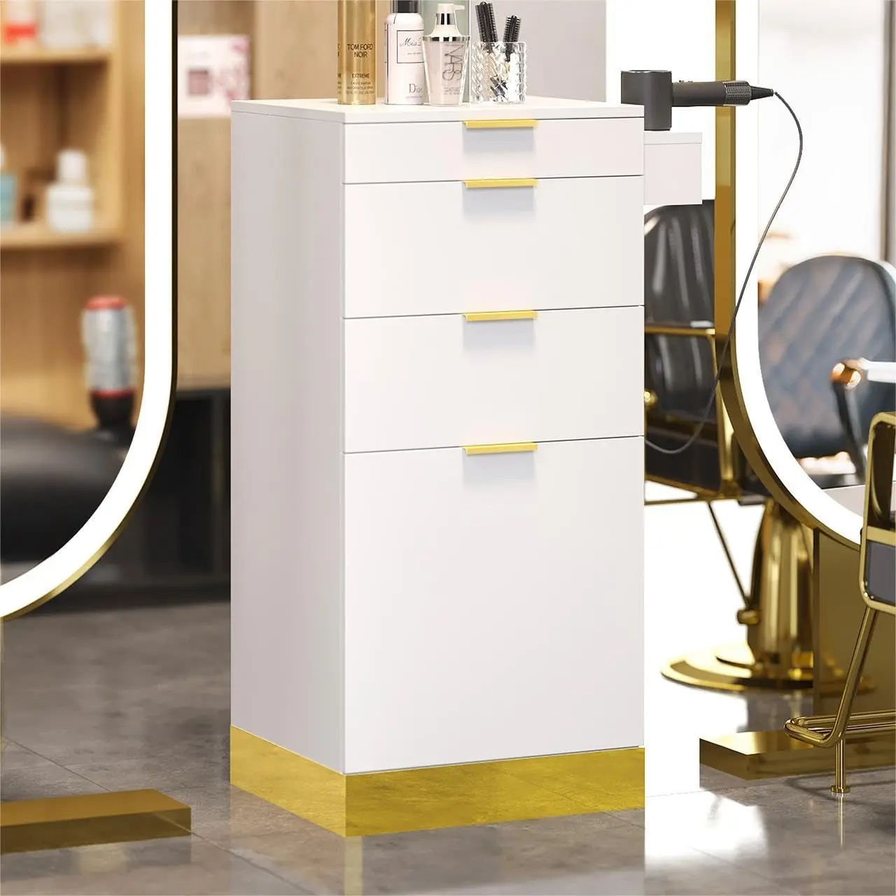 OmySalon Commercial Salon Station for Hair Stylists - Stainless Steel Storage Cabinet with Organize Drawers, Heat-Resistant Dryer Holders, Modern Barbershop Furniture