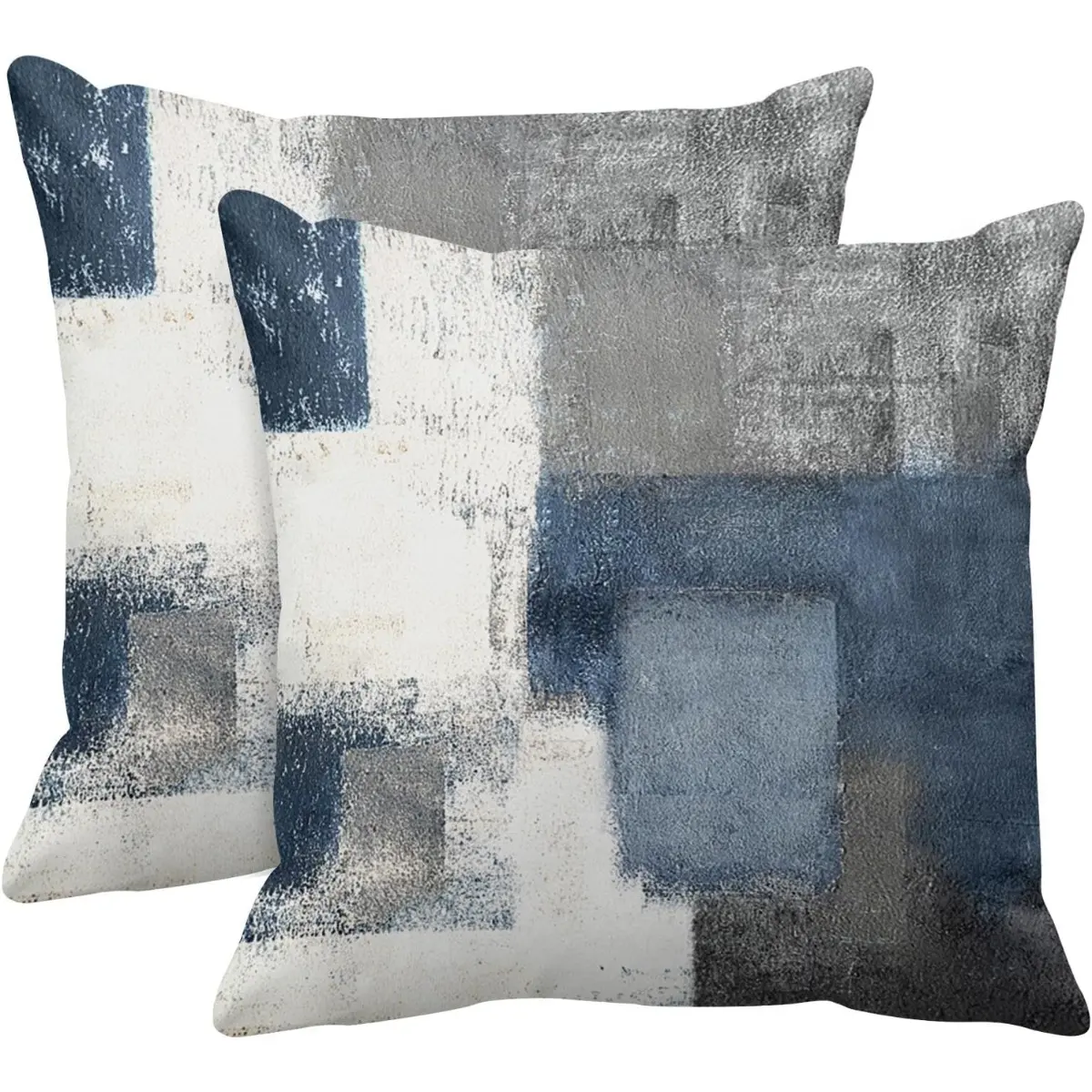 2-Piece Set Fabric Reversible Cushion Covers, 18x18 in Rustic Distressed Brushstroke Navy Grey Abstract Graphic Print, Neutral White Base Modern Sofa Bedroom Decor, Minimalist Housewarming Gift for Contemporary Homeowners, Two Piece Set, Abstract Block