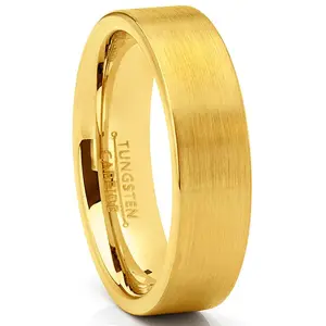 Men's Tungsten Wedding Band Ring GoldTone Flat Brushed Comfort-Fit 4MM 6MM 5-13