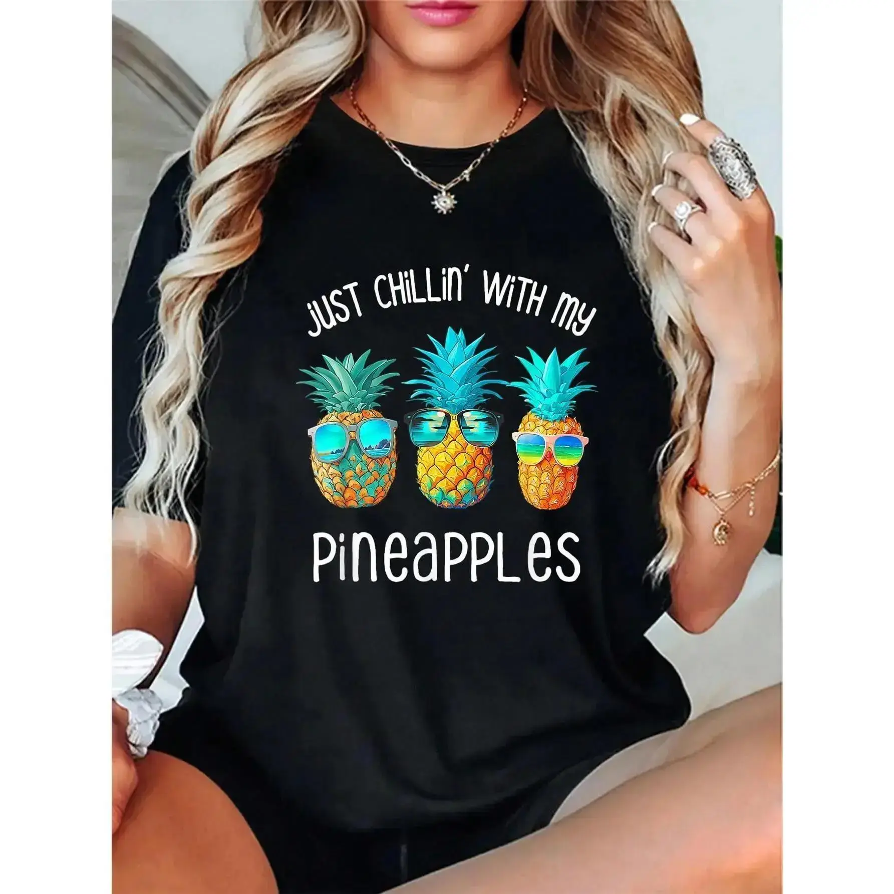 100% Cotton Casual Tshirt 3 Pineapples Sunglasses Chillin Fun Hawaiian Tropical Summer T-Shirt Breathable Fabric pineapple shirts cruise