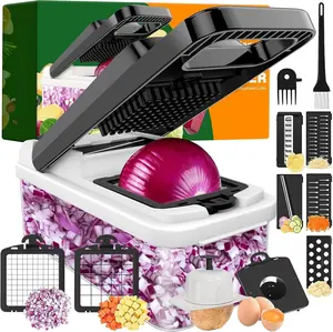 12-in-1 Vegetable , 7  Veggie  with Container and Lid, Dicer, Slicer, Multifunctional Kitchen Gadgets, Vegetable  with Handle, Onion (Black/White)