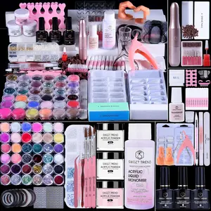 Nail Kit with Everything: Beginners Set with Drill - Professional Powder Glitter Monomer False Tips Top Base Coat Starter Kit - Full Decorations Nail Supplies for Nail Extensions Gift