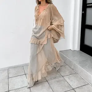Combhasaki Women Chiffon See-through Loose Fit Cover-ups Flare Long Sleeve V-Neck with Straps Ruffled Layered Maxi Long Dress