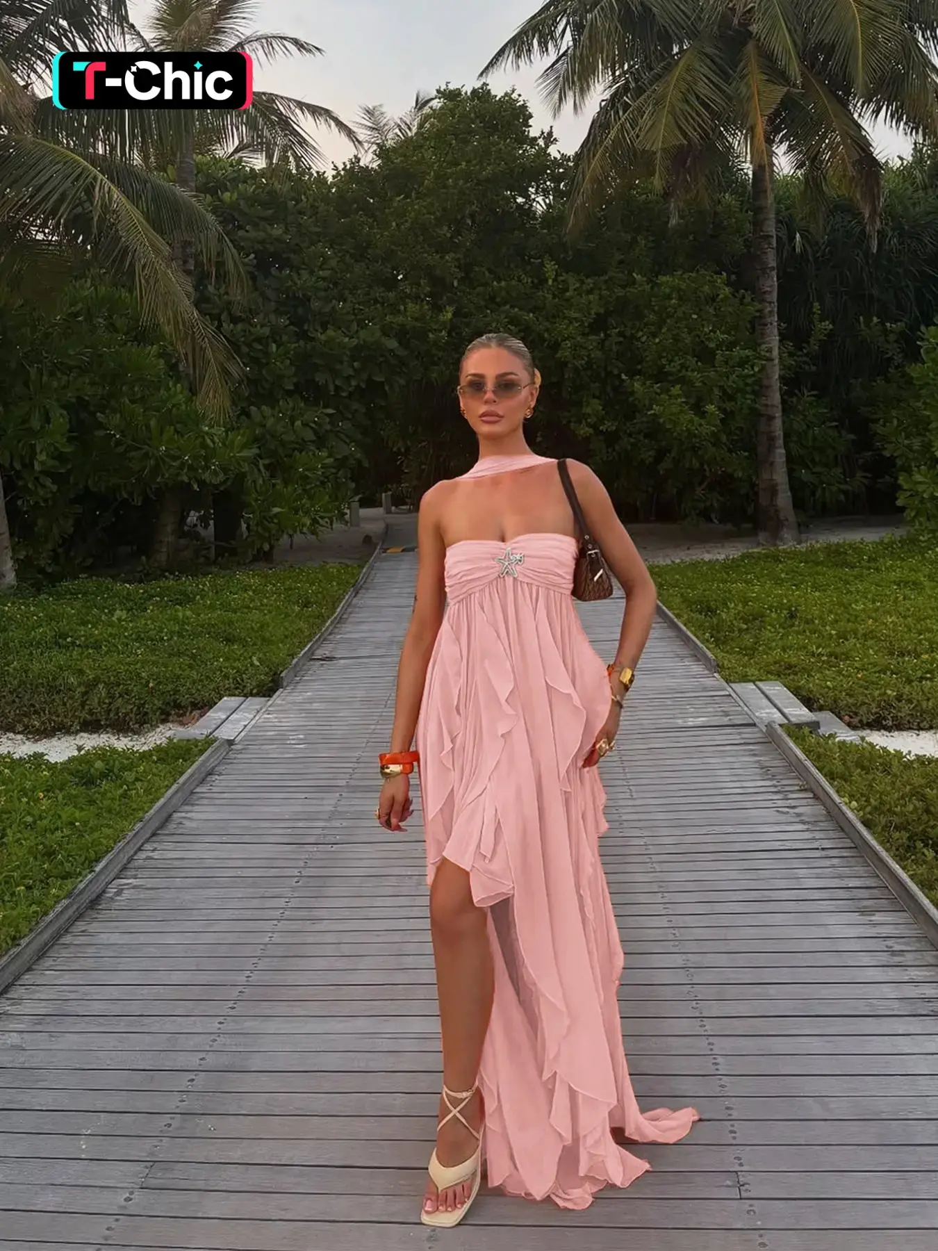 Fashion Elegant Summer Beach Vacation Starfish Decorated Ruffle Sleeveless  Backless Dress, Womenswear Midi Fitted Plain Dress for Women - TikTok Shop