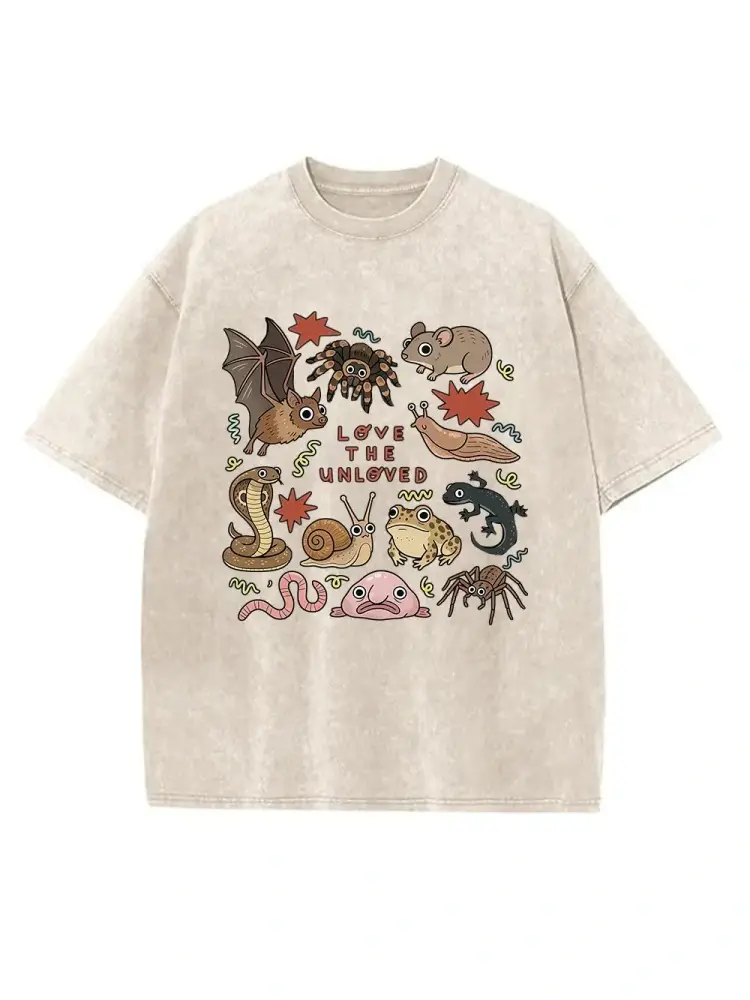 Menswear Crewneck Vintage Washed Oversized 100% Cotton Unisex Short-Sleeve T-Shirt - Cute Creepy Animals Graphic, Weirdcore Goblincore Aesthetic Casual Top
