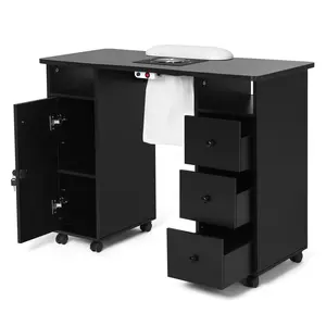 Nail Beauty Manicure Desk with Electric Downdraft Vent Wrist Cushion Lockable Wheels Storage Drawers & Wooden Handle Black