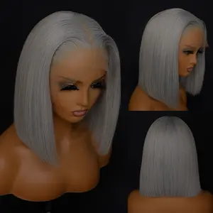 Icy Gray Lace Front Bob Wig-100% Human Hair, 13/4 HD  Lace Front 8 inches