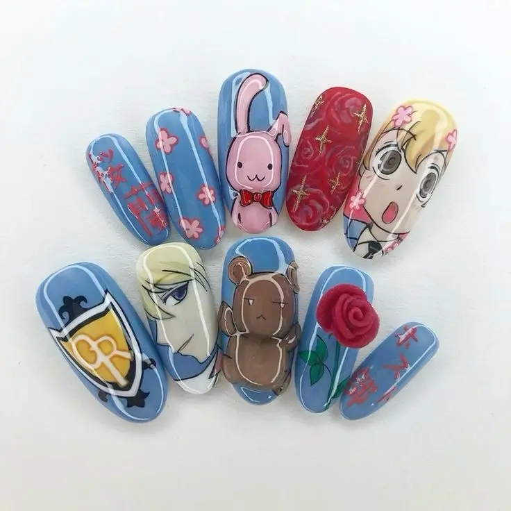 Ouran High School Host Club Press On Nails, Haruhi Tamaki Usa-Chan Kuma-Chan Anime Fake Nails, Pastel Blue Hand Painted 3D Rose Nail Art, Kawaii Reusable Nail Set | Gift Set (Adhesive Tabs, Nail File, Cuticle Stick)