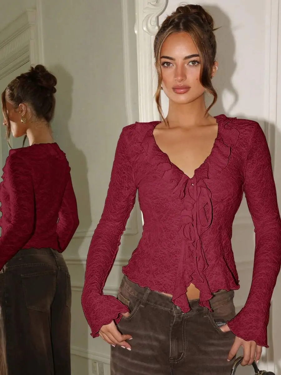 ROVZA Sexy Deep V-Neck Ruffle Patchwork Collar With Front Tie Bow Long Sleeve Apricot Jacquard Knit Thin Cardigan, Casual Home Wear