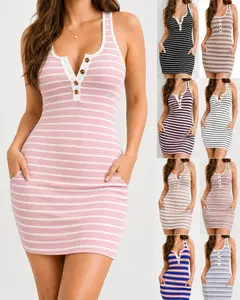Bodycon Striped Knitted Comfy Soft Tank Dress Casual Pockets Sleeveless Women's Clothes for Daily Wear Homewear Sports Fashion Womenswear Gifts Summer